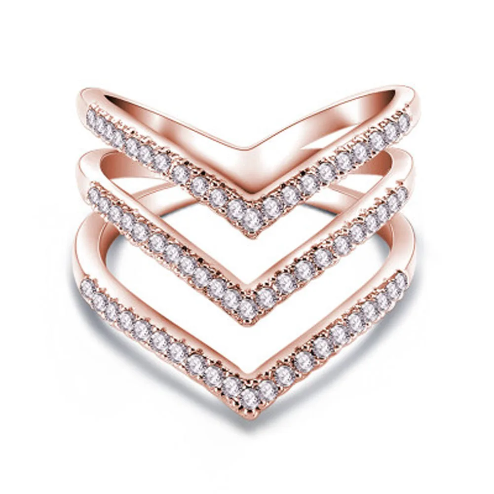 Rose gold plated Дизайн личности роскошные микро Pave CZ камень три V Форма кольцо модные ювелирные изделия для женщин - Цвет основного камня: Rose gold plated