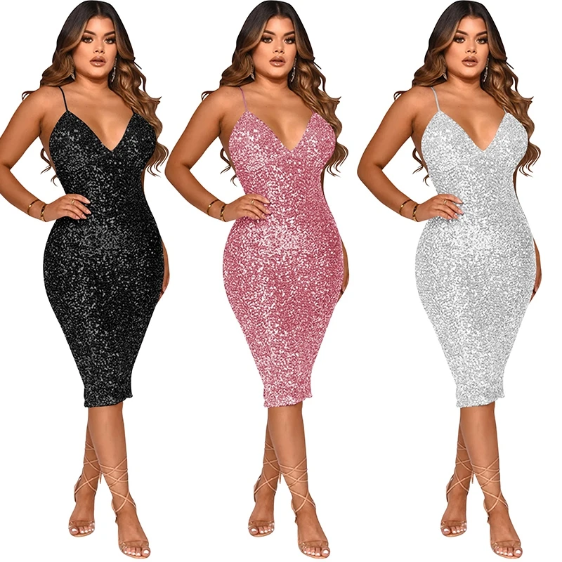 

Women New Sexy Solid Sequines Dress Sleeveless Deep V Neck Skinny Mid Calf Package Hip Bodycon Nightclub Party Vestido