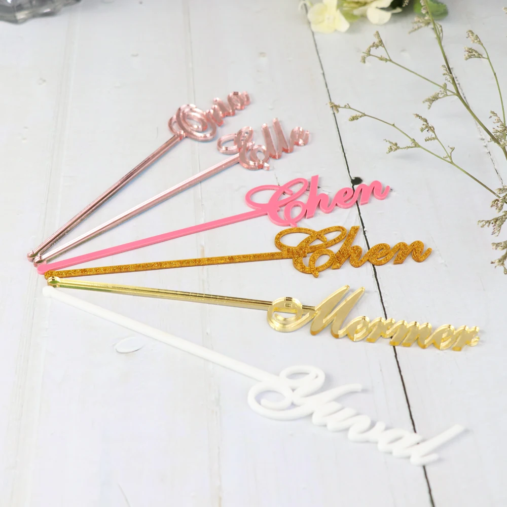 Personalized swizzle sticks last name  table centerpiece Birthday Bridal shower Custom Mirror Gold Drink stirrers stir stick wedding Party Decor (3)