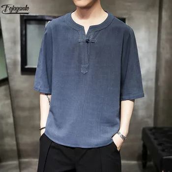 

Fojaganto Men Flax T Shirt Fashion Leisure Clothing Men Tops Fashion V-Neck T Shirt For Male Printing T-Shirt