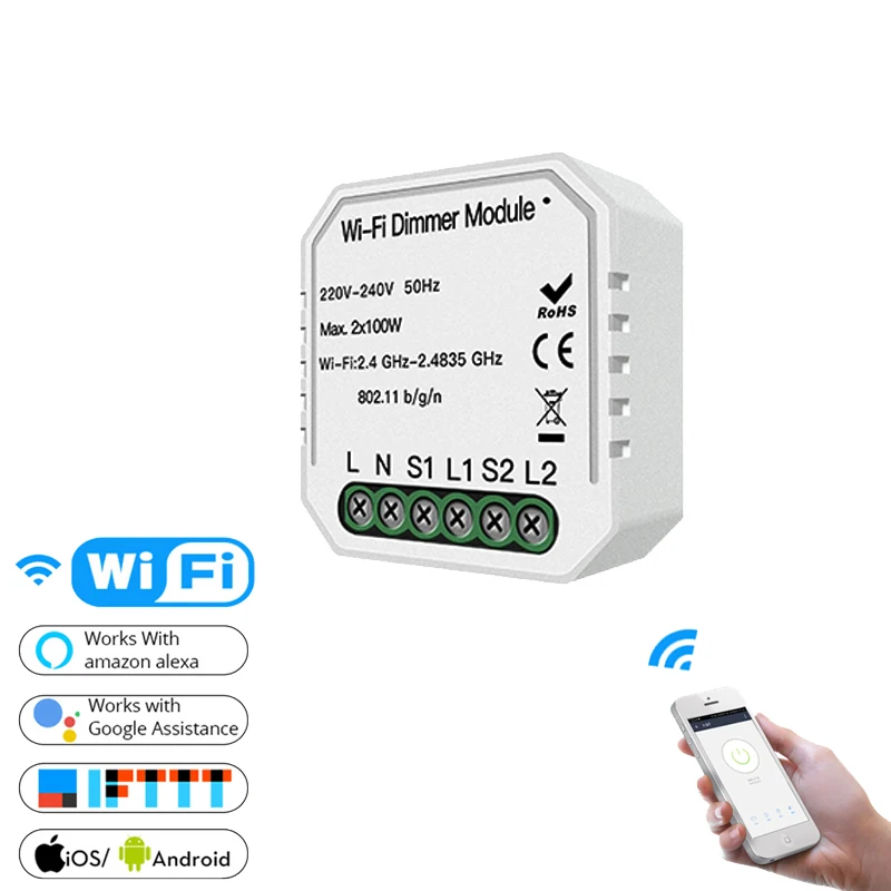 

2 Gang DIY WiFi Smart 2 Way Light LED Dimmer Module Switch Smart Life/Tuya APP Remote Control Work with Alexa Google Home IFTTT