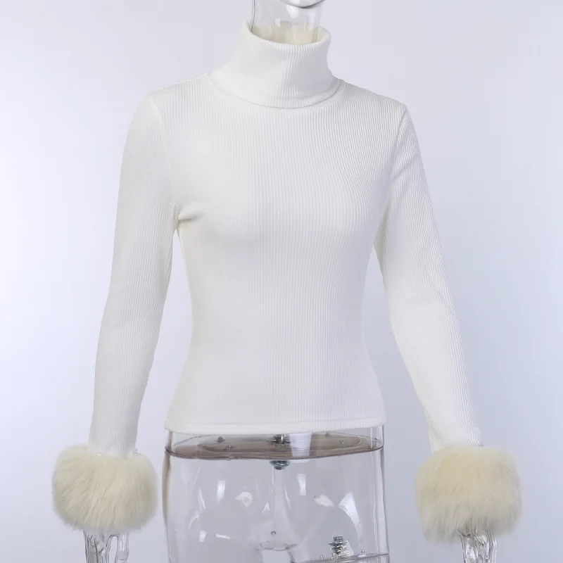 BOOFEENAA, женский модный свитер, сексуальный вязанный Топ, пушистый искусственный мех, длинный рукав, водолазка, пуловер, женские зимние свитера C76AD03