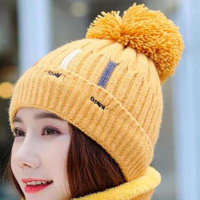 Knitted Hat With Scarf Collars SUOGRY Sets For Women Winter Ladies Hat& Scarf With Pompom Thick Two Piece Keep Snow Warm Set - Цвет: Single cap yellow