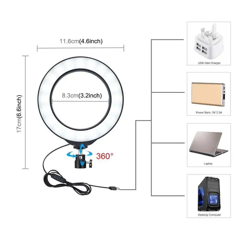 PULUZ 4,6 дюймов USB 3 режима Диммируемый светодиодный кольцевой накамерный видео свет с холодным башмаком штатив с шаровой головкой