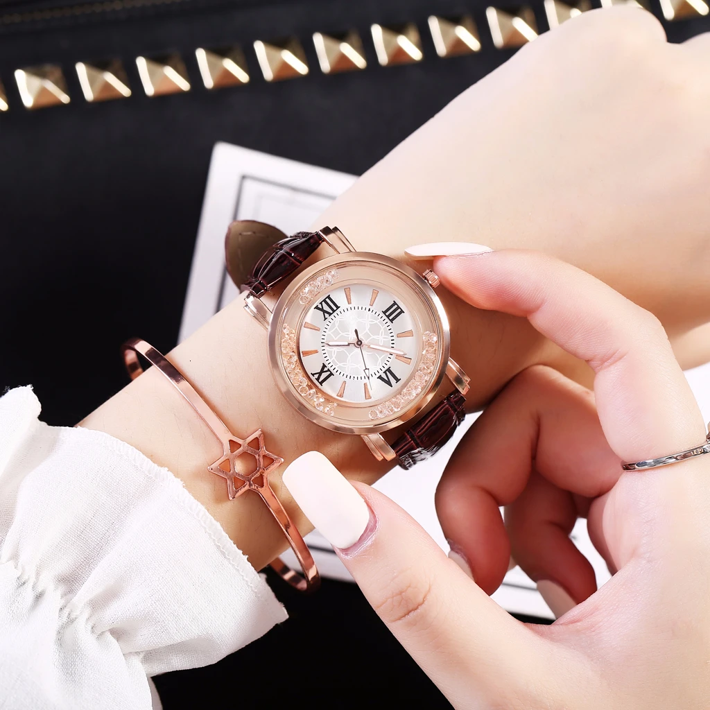 Лидер продаж Модные женские кожаные часы с бриллиантами роскошные женские кварцевые часы Relogio Feminino - Цвет: brown
