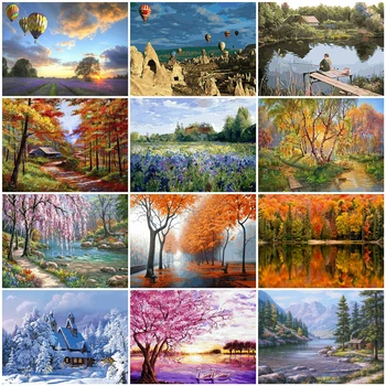 

AZQSD Painting By Numbers Season Frameworks Coloring By Numbers Home Decor Pictures Landscape Tree Flower Decorations