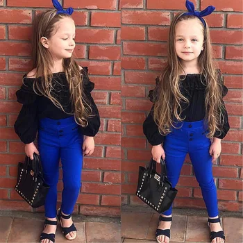 

2019 Cute Girl Clothes Fashion Kids Baby Girl Outfit Off Shoulder Shirt T-shirt Tops+Long Pants Cotton Clothes
