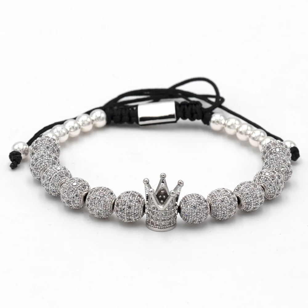 8MM CZ ball silver Мода роскошный Римский Королевский браслет с шармом с короной для мужчин Золотой Плетеный Регулируемый мужской браслет для хип хоп ювелирный подарок - Metal Color: 8MM CZ ball silver