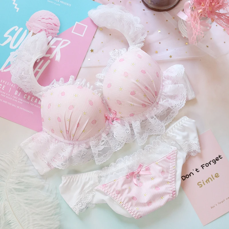 Японский милый комплект нижнего белья с рисунком клубники, молочного шелка, бюстгальтер с оборками и трусики