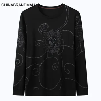 

2020 Season Men Plus Fat Plus Size Black Round Neck Printing Sweater Male Fat Man Long Sleeve Backing Shirt