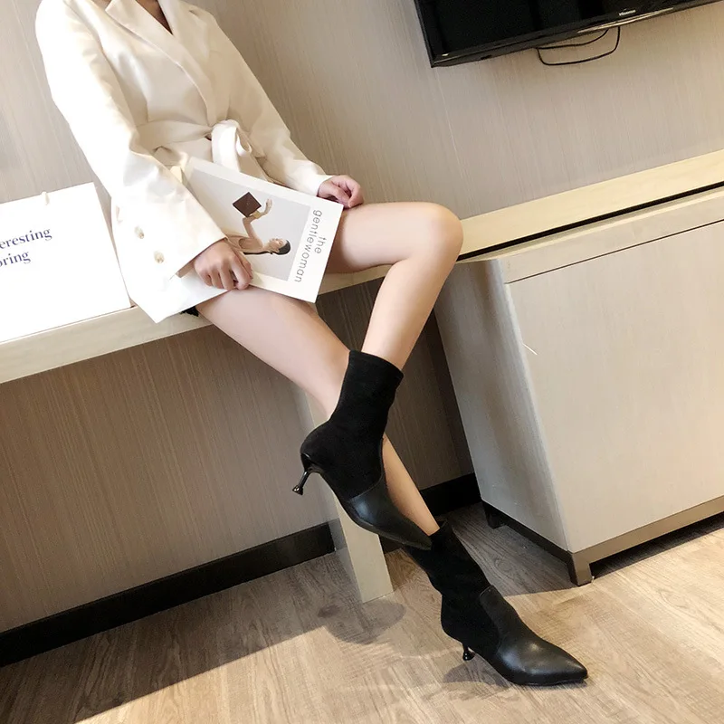 elegant ladies pointed toe leather patchwork winter boots slip on kitten high heels flock med-calf boots stretch sock botines y2