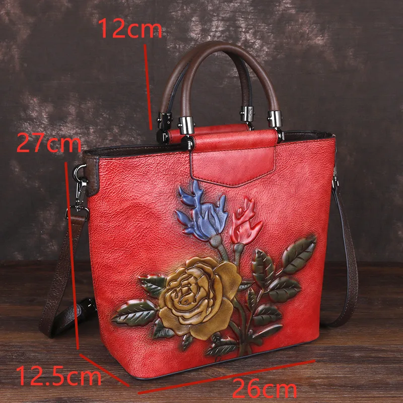 Embossing Female Handbag Shoulder Crossbody Bag Multi-Capacity Vintage Floral Pattern Women Tote Messenger Genuine Leather Bags