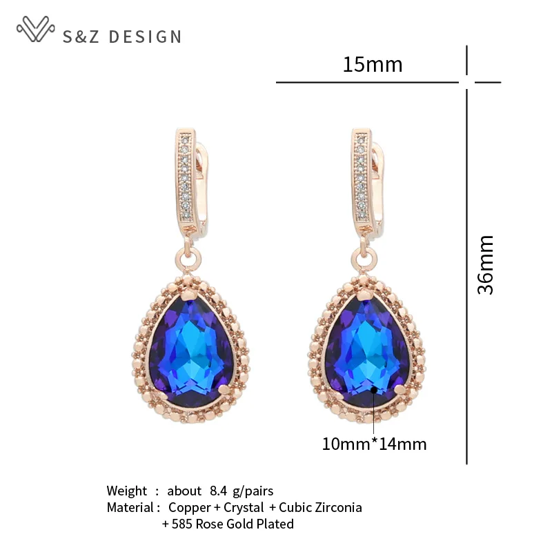 S&Z DESIGN Vintage Water Drop Crystal Dangle Earrings For Women Wedding Jewelry 585 Rose Gold Color Eardrop Fine Luxury Gift