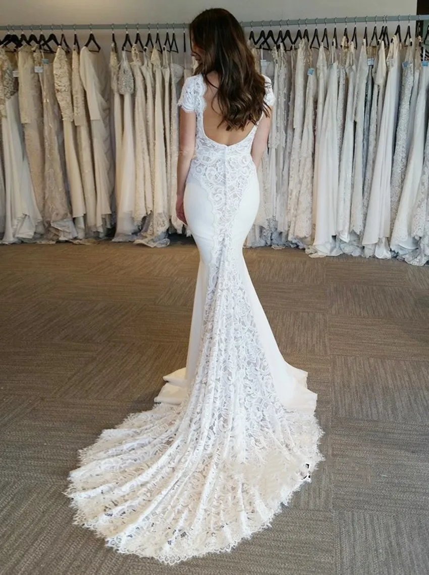 mermaid wedding dresses Scalloped Neck White Lace Appliques Short Cap Sleeve Backless Sweep Train Elegant Slim Bridal Gowns