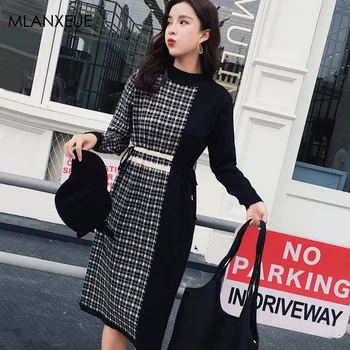

Fashion Contrast Stitching Sweater Dress Women Turtleneck Knitted Long Sweaters Female Plus Size Pullover Sweater Autumn Winter