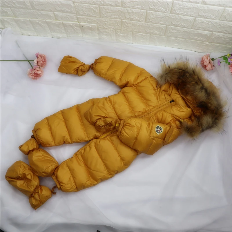 Детский зимний комбинезон; зимний комбинезон для новорожденных; зимняя одежда; пуховая Меховая куртка; пальто для девочек; комбинезоны для малышей; парка для мальчиков; комбинезоны - Цвет: Золотой