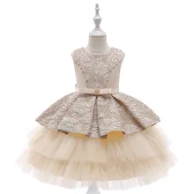 4-10 Years Kids Dress For Girls Wedding Tulle Lace Champagne Girl Dress Elegant Princess Party Pageant Formal Gown