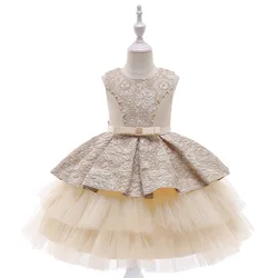 4-10 Years Kids Dress For Girls Wedding Tulle Lace Champagne Girl Dress Elegant Princess Party Pageant Formal Gown