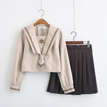 

New Arrival Milk Tea Color Sailor Suit School Uniform Sets Jk School Uniforms For Girls Cardigan Sweater Brown Skirt Student Cos