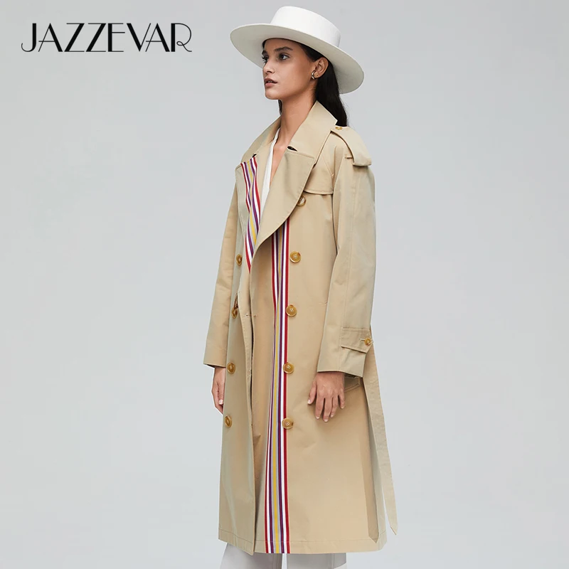 Goedkoop JAZZEVAR 2019 Nieuwe collectie herfst kaki trenchcoat vrouwen casual fashion hoge kwaliteit katoen met riem lange jas voor vrouwen 9004 1