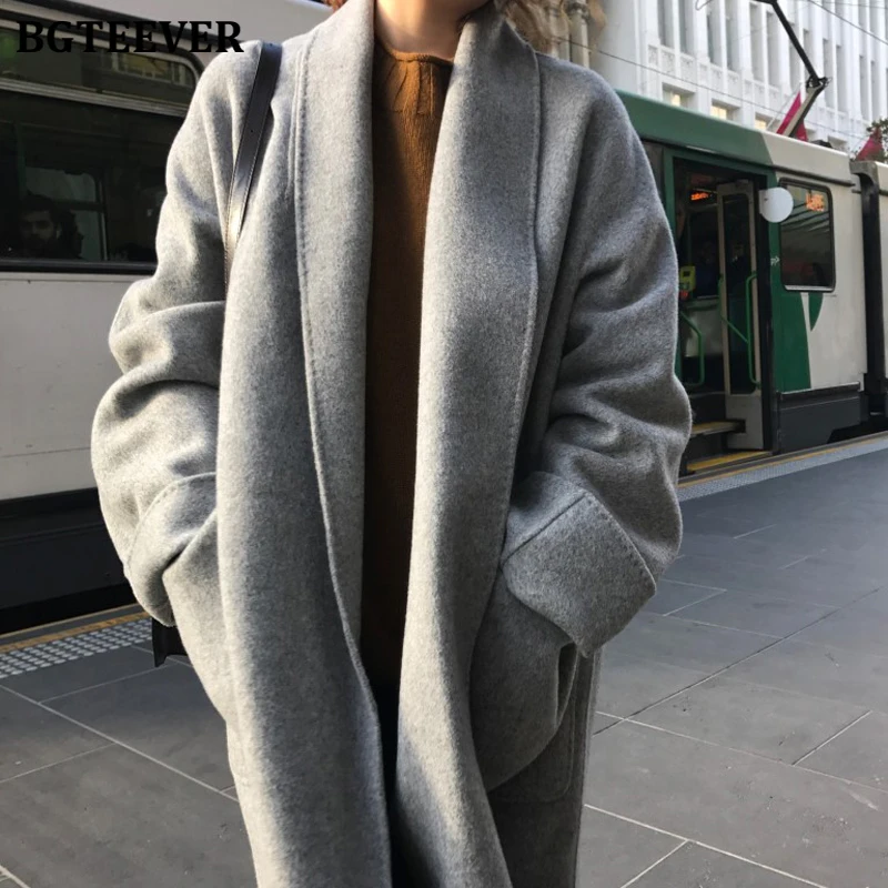 

BGTEEVER Vintage Female Woolen Coats Winter Warm Oversize Female Blend Coats Casual Pockets Open Stitch Long Overcoats femme