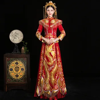 

Red Oversize 5XL Bride Dress Wedding Dress Retro Dress Chinese Cheongsam Dress High Quality Embroidery Phoenix Long Section