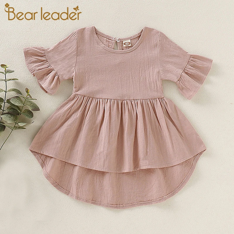 Bear Leader Casual Kid Baby Girl Plain Dress cute Clothes Summer Ruffle Flare Sleeve Asymmetrical Solid Sundress 1-5Y | Детская одежда