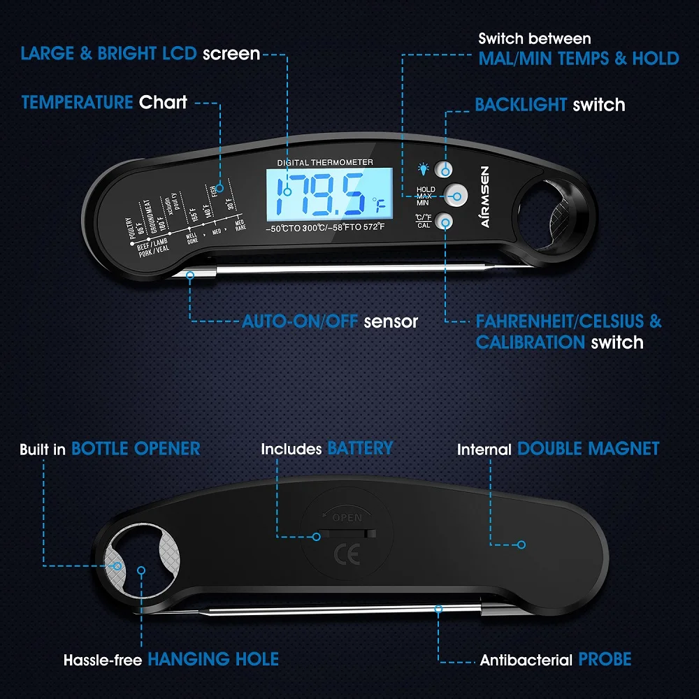 AIRMSEN Termometro Da Cucina, Bluetooth Termometro Da Carne, per Grigliate,  Barb