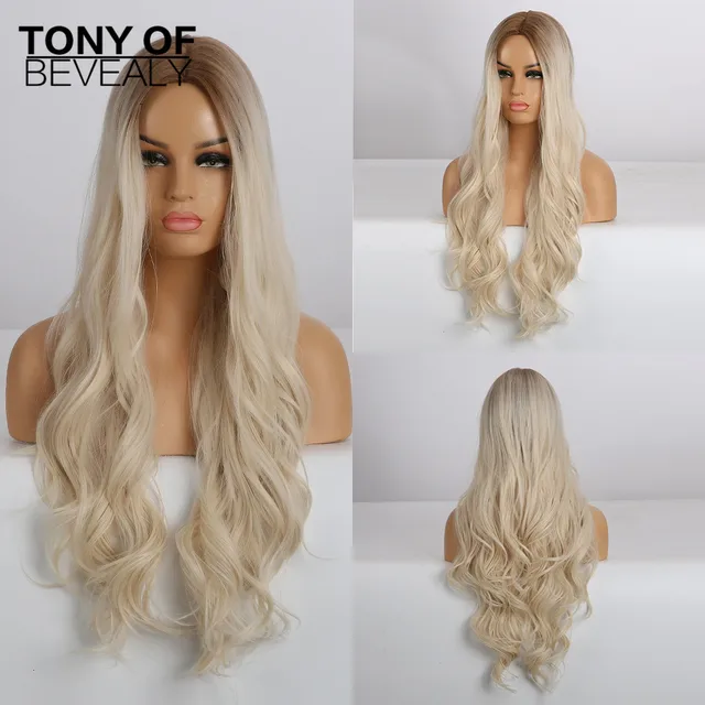 Long Water Wavy Synthetic Wigs Ombre Brown Middle Part Natural Hair Wigs For Women Cosplay Wigs Heat Resistant Fiber lc273N-1