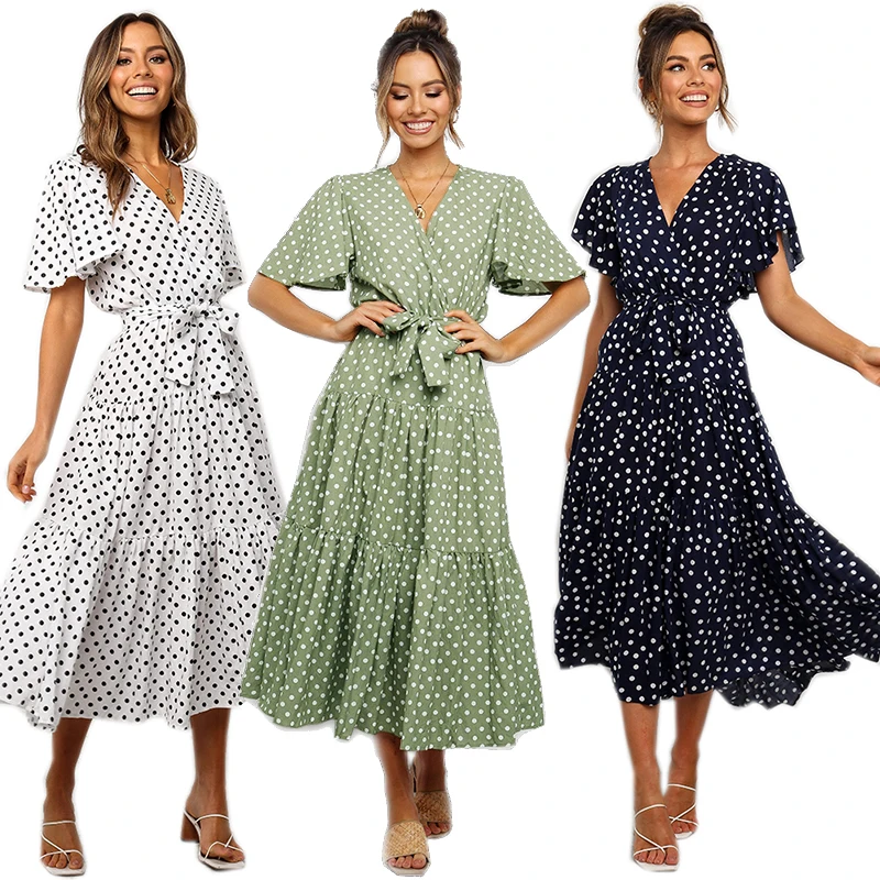 2020 Summer New Chiffon V-neck Short Sleeve Dress A-line Dress Women's Medium Length Casual Dress 2020 Summer New Chiffon V-neck Short Sleeve Dress A-line Dress Women's Medium Length Casual Dress