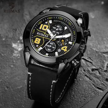 

RUIMAS Army Sport Quartz Watches Men Top Brand Luxury Chronograph Watch Man Leather Strap Wristwatch Relogios Masculin 551 Black