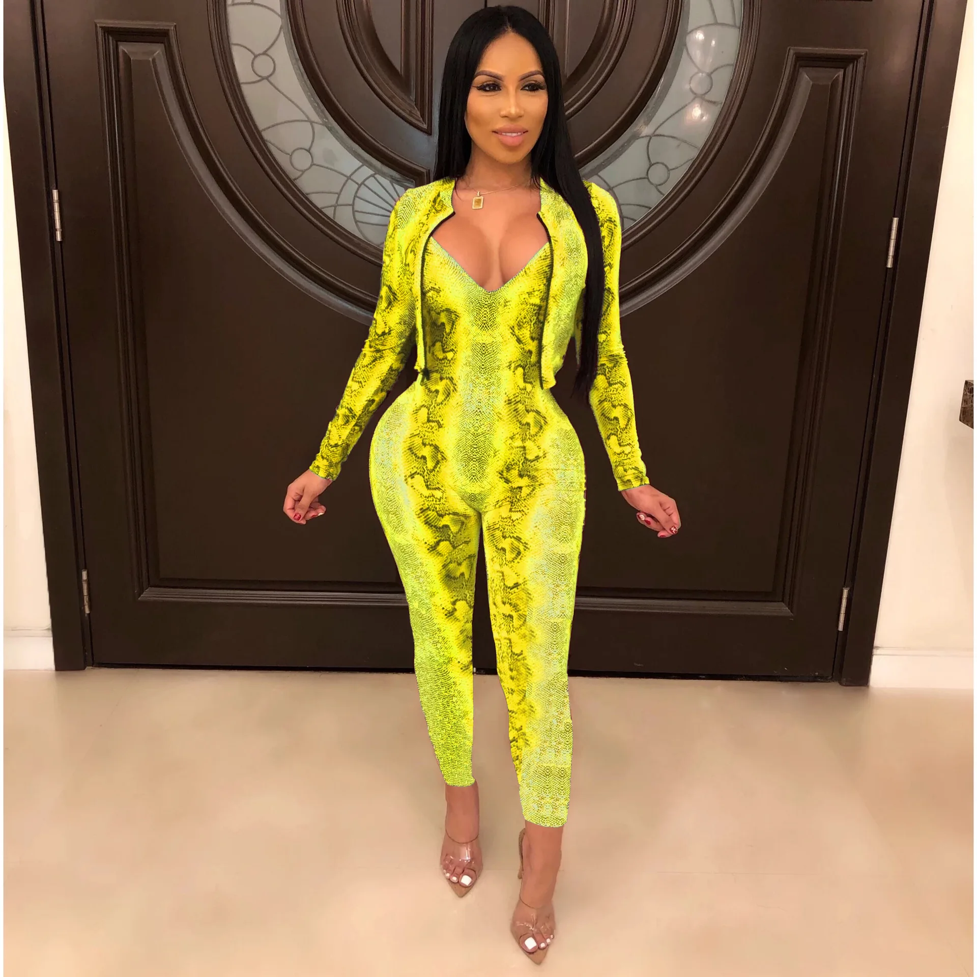 yellow suit Adogirl/комплект из змеиной кожи, две детали с принтом, короткая куртка на молнии с длинными рукавами, пальто, комбинезон на бретелях с v-образным вырезом, модный спортивный костюм - Цвет: yellow suit