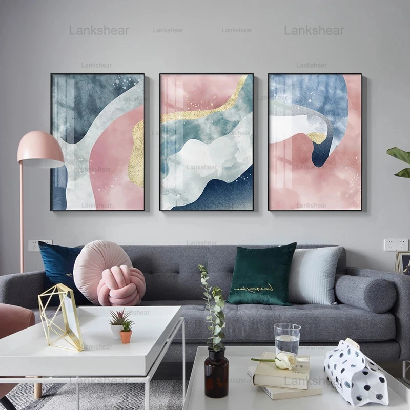 

Abstract Canvas Painting Blue Pink Gold Foil Posters and Prints Morden Wall Art Pictures for Living Room Office Home Decoration