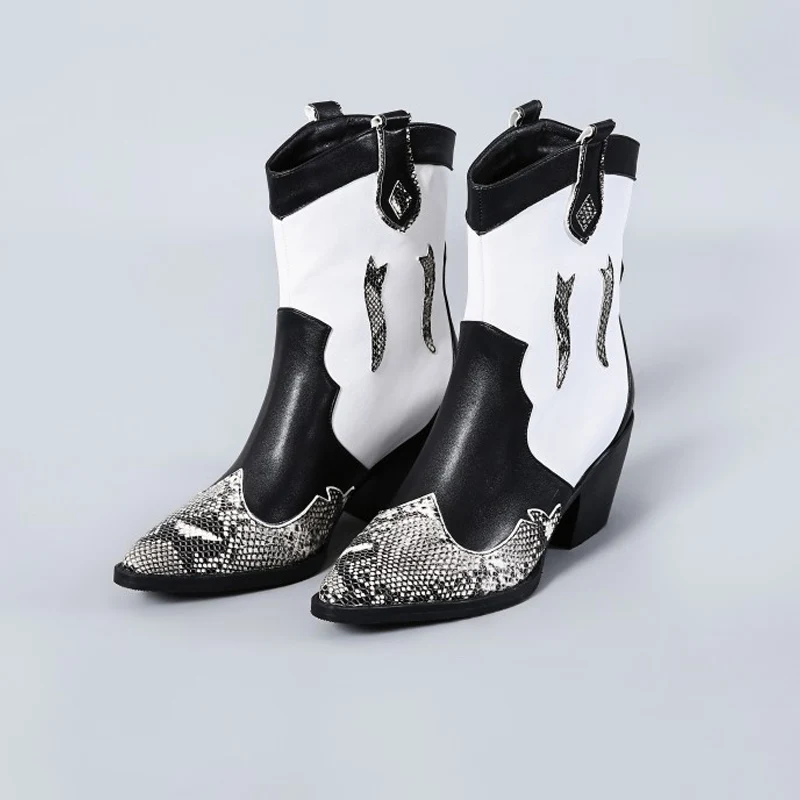 

2020 new women's thick-heeled boots autumn and winter new color matching snake pattern pointed female Chelsea boots