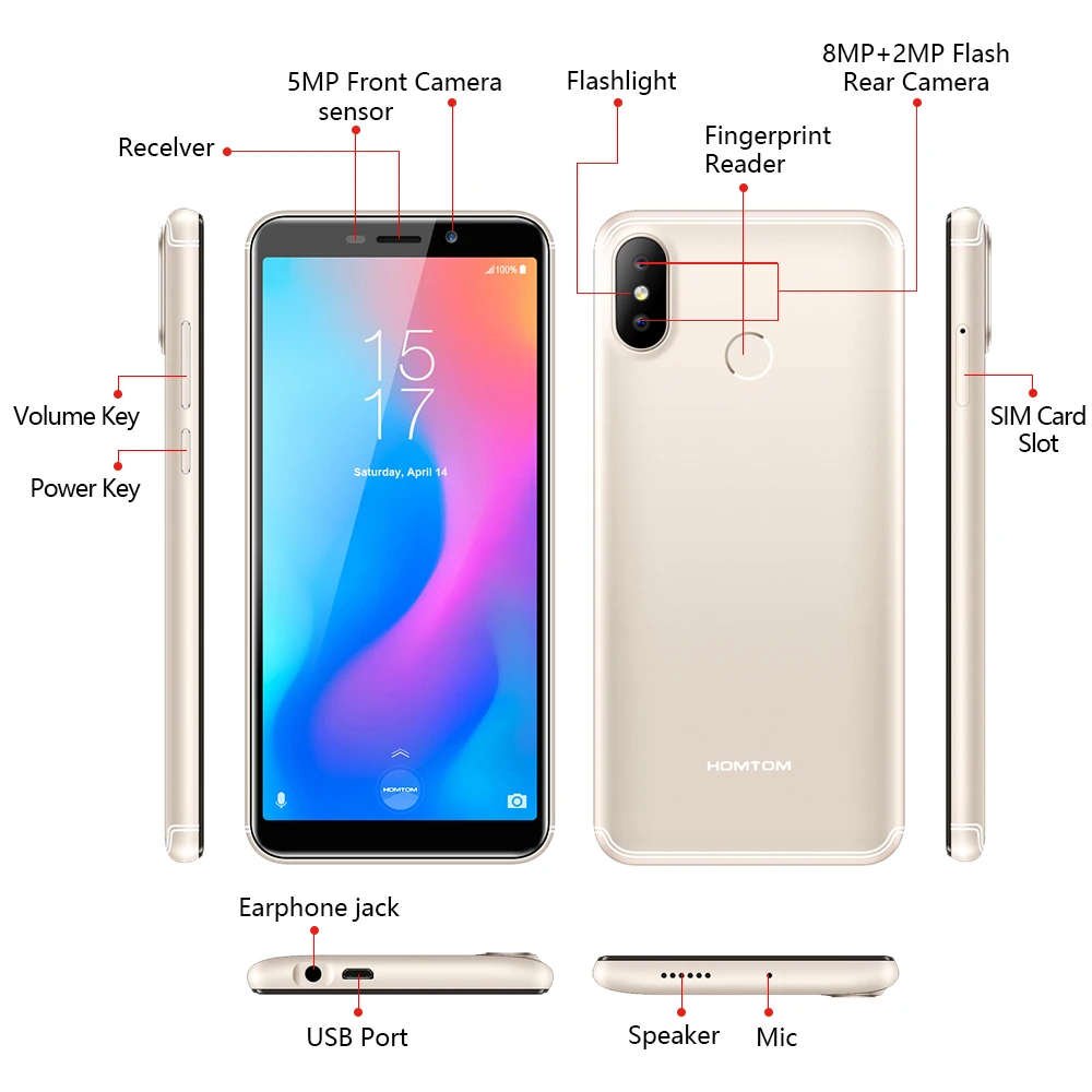  Original version HOMTOM C2 Android 8.1 2+16GB Mobile Phone Face ID MTK6739 Quad Core 13MP Dual Came
