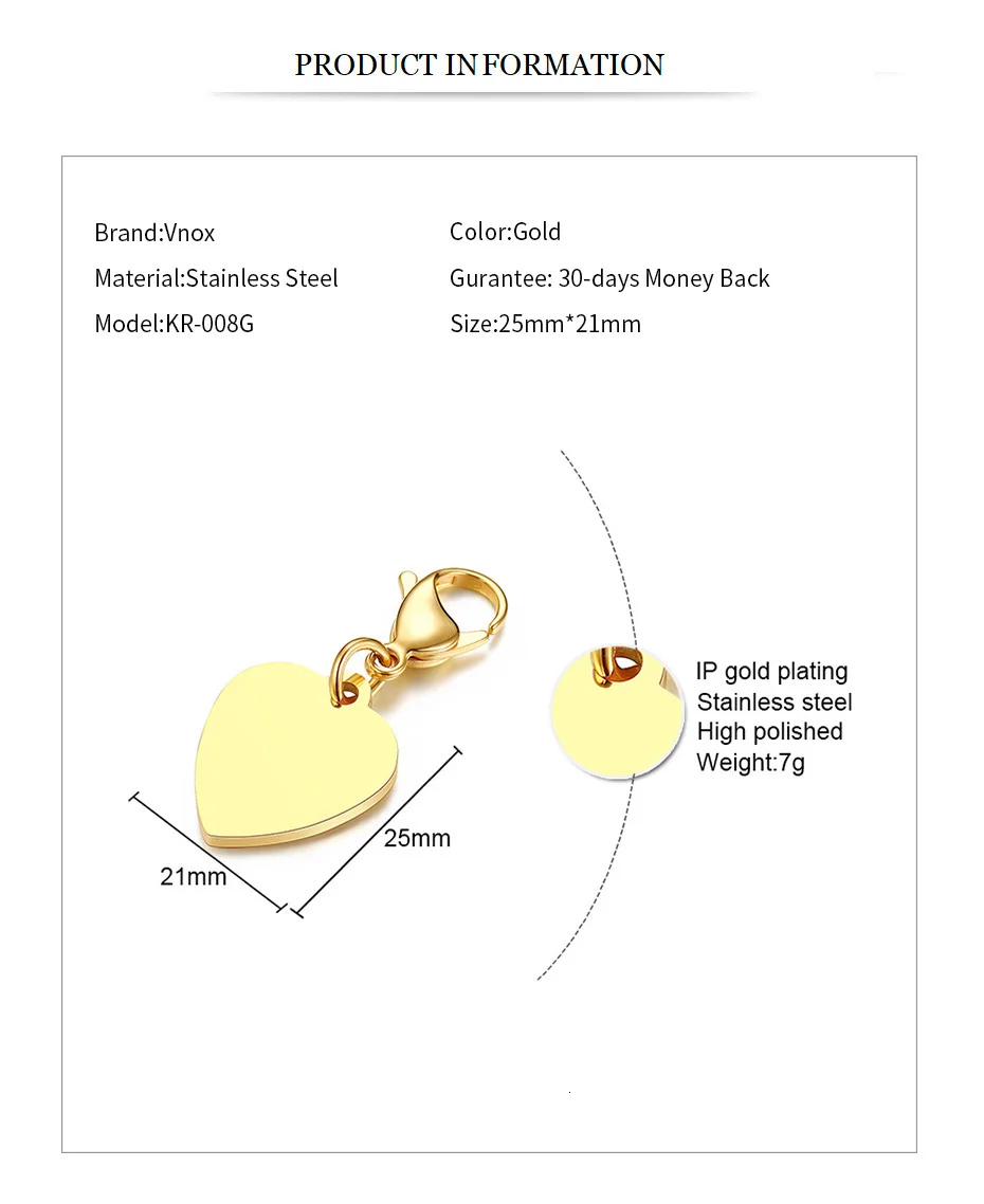 Vnox, настраиваемый простой брелок в форме сердца, антиаллергенный брелок из нержавеющей стали с застежкой-лобстером