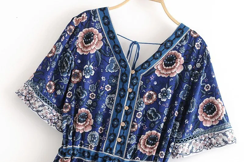 Women Floral Print Hollow Out Wide Leg Rompers Bohemian V-Neck Lace Up Loose Jumpsuit Sashes Summer Casual Overalls