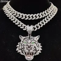 Hip Hop 3D Tiger Pendant Necklace with 13mm Crystal Cuban Chain HipHop Iced Out Bling Necklaces Men Women Fashion Charm Jewelry
