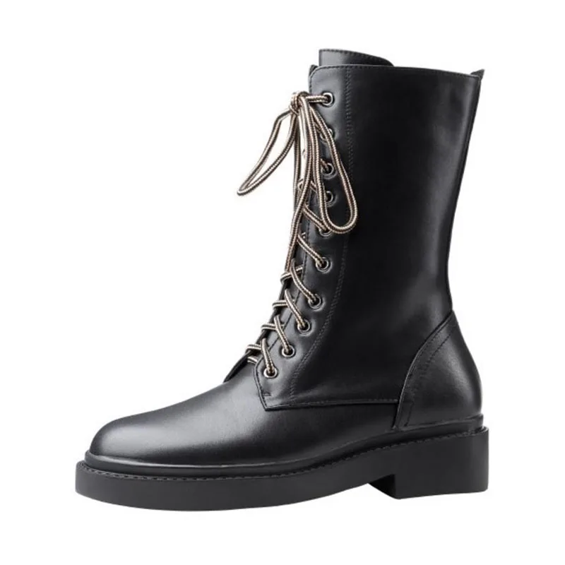ZALAVOR Casual Women Motorcycle Boots Real Leather Comfortable Mid Calf Boots Shoes Woman Winter Warm Botas Footwear Size 33-43