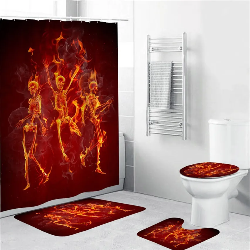 M 4pcs Scary Halloween Shower Curtain and Bath Mat Set Waterproof Polyester Bathroom Fabric for Bathtub Pumpkin Art Decor@C - Цвет: M