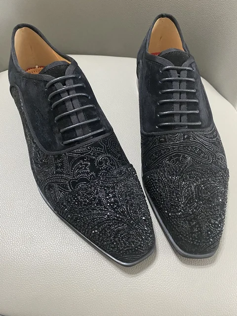LOUBUTEN Luxury Black Suede Oxford Shoes For Men High Quality Rhinestone Dress Shoes Lace-up Red Bottom Party And Wedding shoes as picture