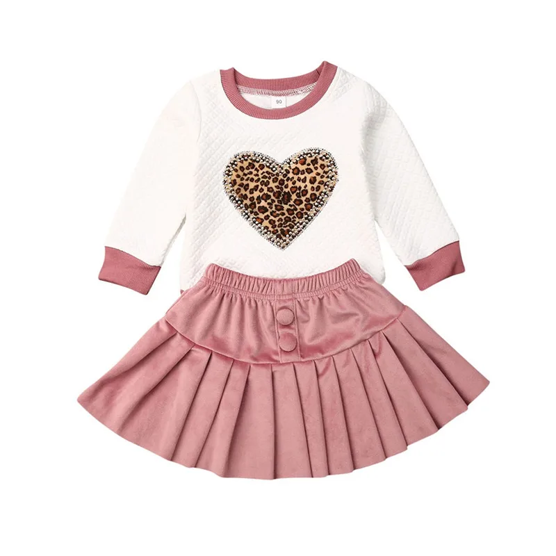 

1-6T Baby Spring Autumn Clothing Set Baby Girl Toddler Kid Outfit Long Sleeve Leopard Beading Heart Shirt Pleated Velvet Skirts