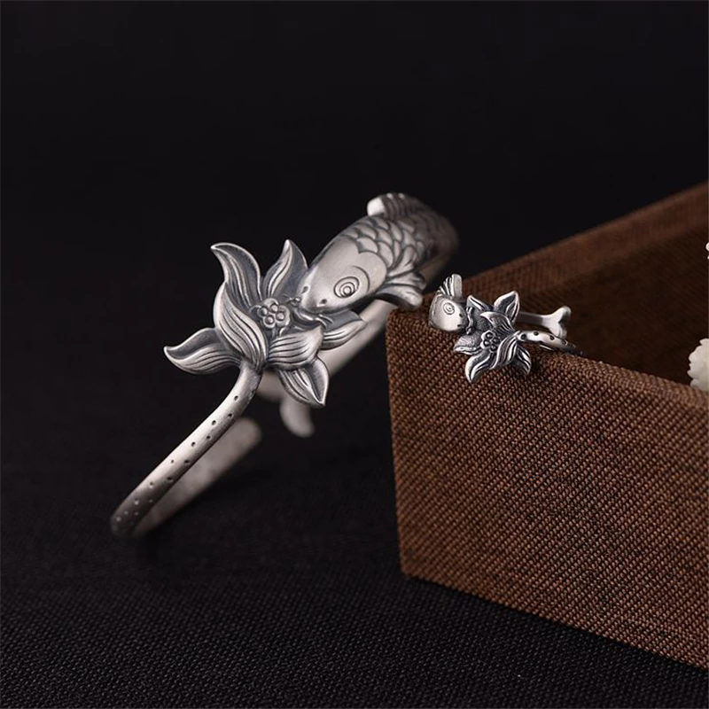 Beste GAGAFEEL Retro Armband En Ring vrouwen Lotus Open Ring Pisces Zilveren Armband Thai Zilveren Matte Sieraden Voor Vrouwelijke