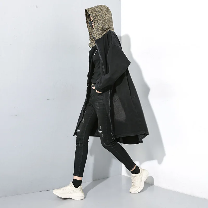 Max LuLu Fashion Korean Ladies Punk Oversized Clothes Womens Hooded Leopard Denim Trench Coats Vintage Black Long Windbreakers