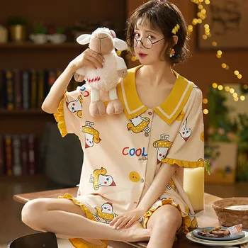 

Cute Green Sleep Set Home Clothes Plus Size 2XL 3XL Summer Women Pajamas Set 2PCS Sleepwear Soft Cotton Nightwear Shirt&Shorts