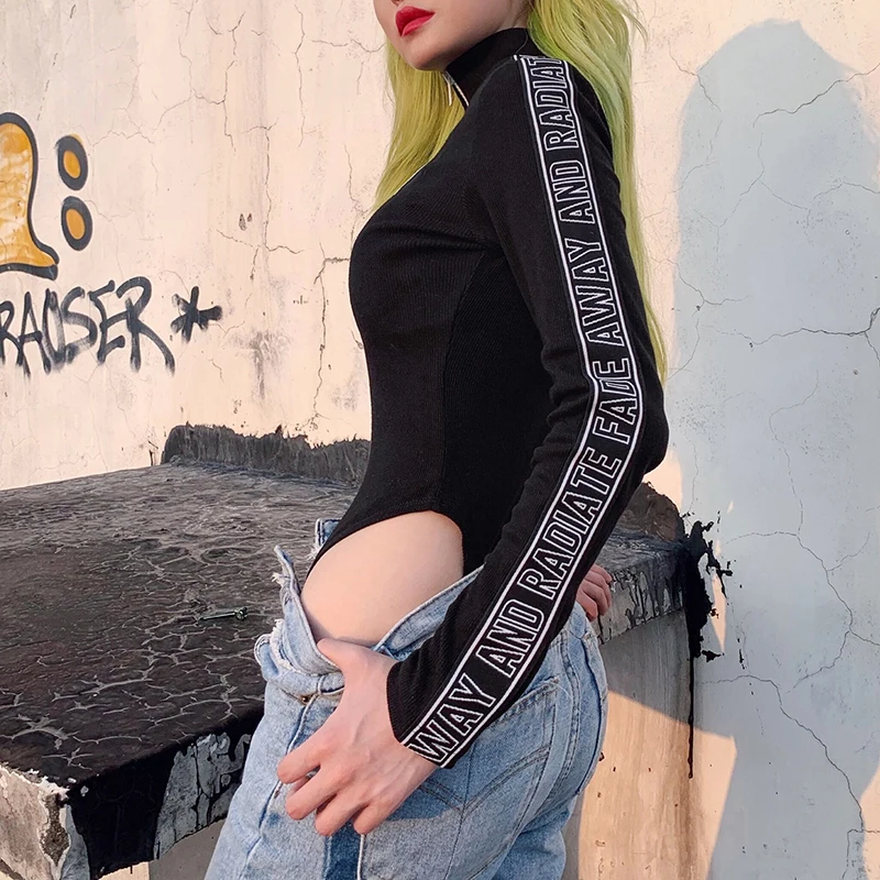 IAMHOTTY на молнии с буквенным принтом, боди с длинными рукавами, однотонный Повседневный Осенний комбинезон с воротником, модный базовый короткий комбинезон