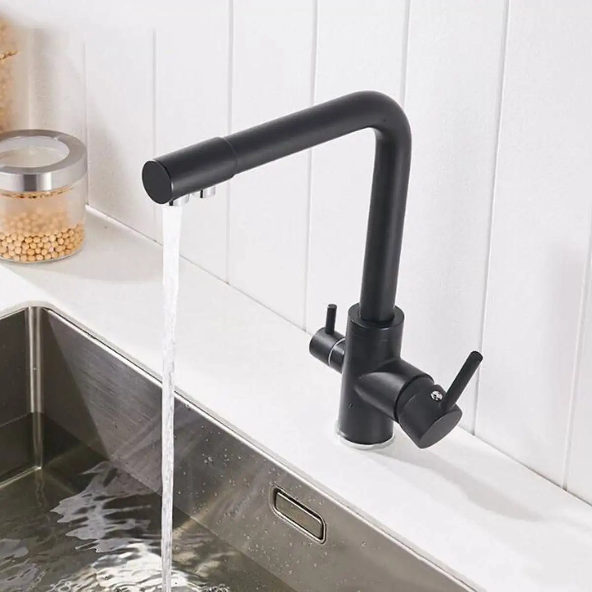 

1/2" Copper Kitchen Sink Basin Faucet Mixer Double Water Taps Double Handles Basin Mixer Water Taps Bathroom Fixture Black