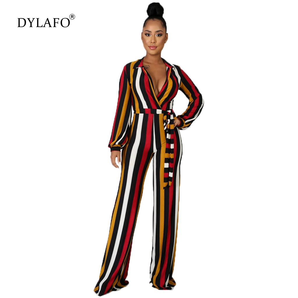 Female 2021 Digital Print Strip Jumpsuit Romper V Neck Long Sleeve Casual Long Sash Autumn Jumpsuit Women Overalls 2021 jeans jumpsuits white high waist jean romper women solid loose casual straight denim overalls female button jumpsuit