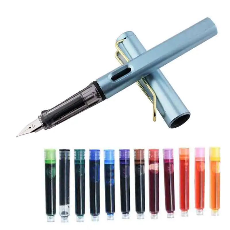 12pc Set Fountain Pen Set Black Blue Ink & Ink Eraser Pen School Office HA GD 