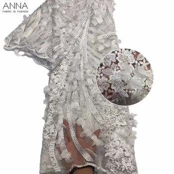 

Anna white lace fabric nigerian fabrics high quality embroidery with beads and rhinestons french net laces 3d applique for dress